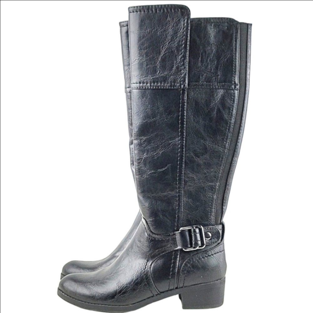 Unisa Toppa Black Faux Leather Knee High Side Zip Round Toe Riding Boot